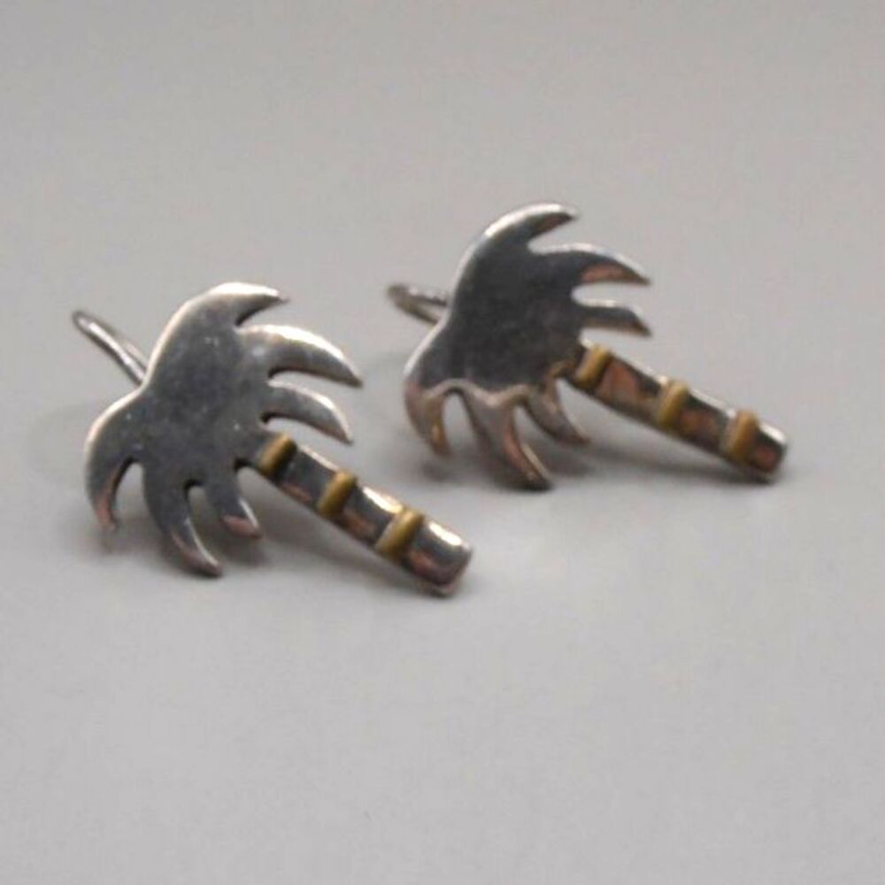 VTG Mexico 925 Palm Tree Earrings Sterling Silver w/ Brass Accents 6g 1" Long